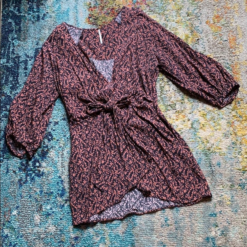 Free People Black with Coral Floral Wrap Blouse